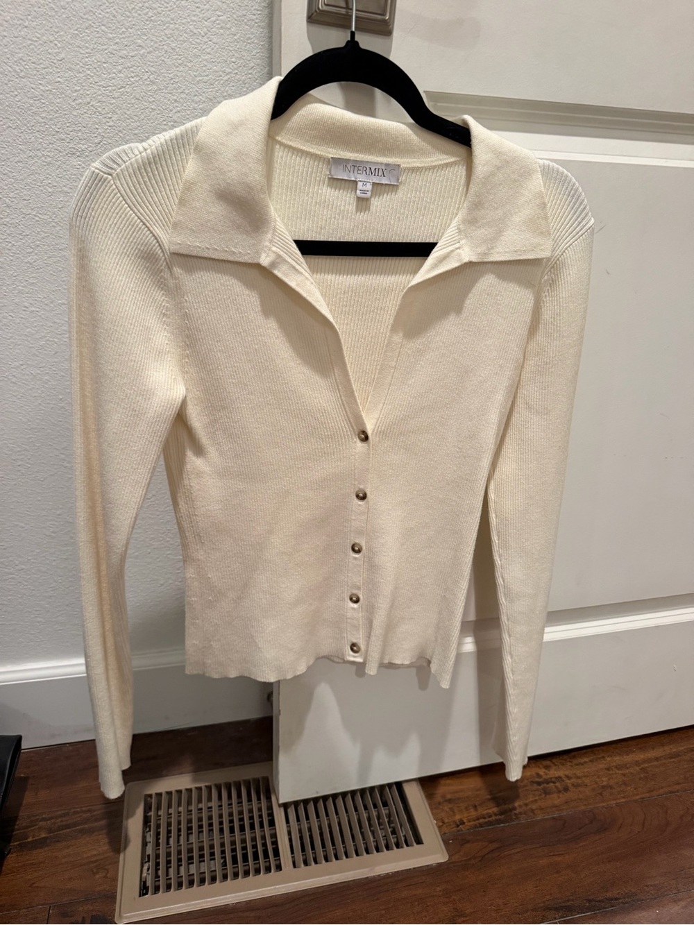 INTERMIX Ivory Button-Front Ribbed Collared Top